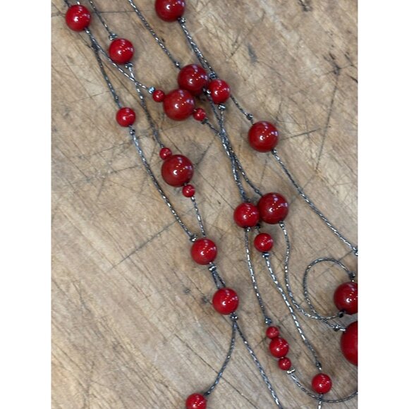 Long Layered Red Bead Necklace With Black Multistrand Wire & Lobster Clasp Jewel - Picture 5 of 9